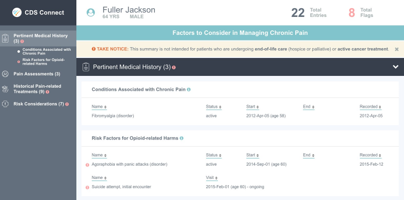Screen shot from Pain Management Summary User Interface
