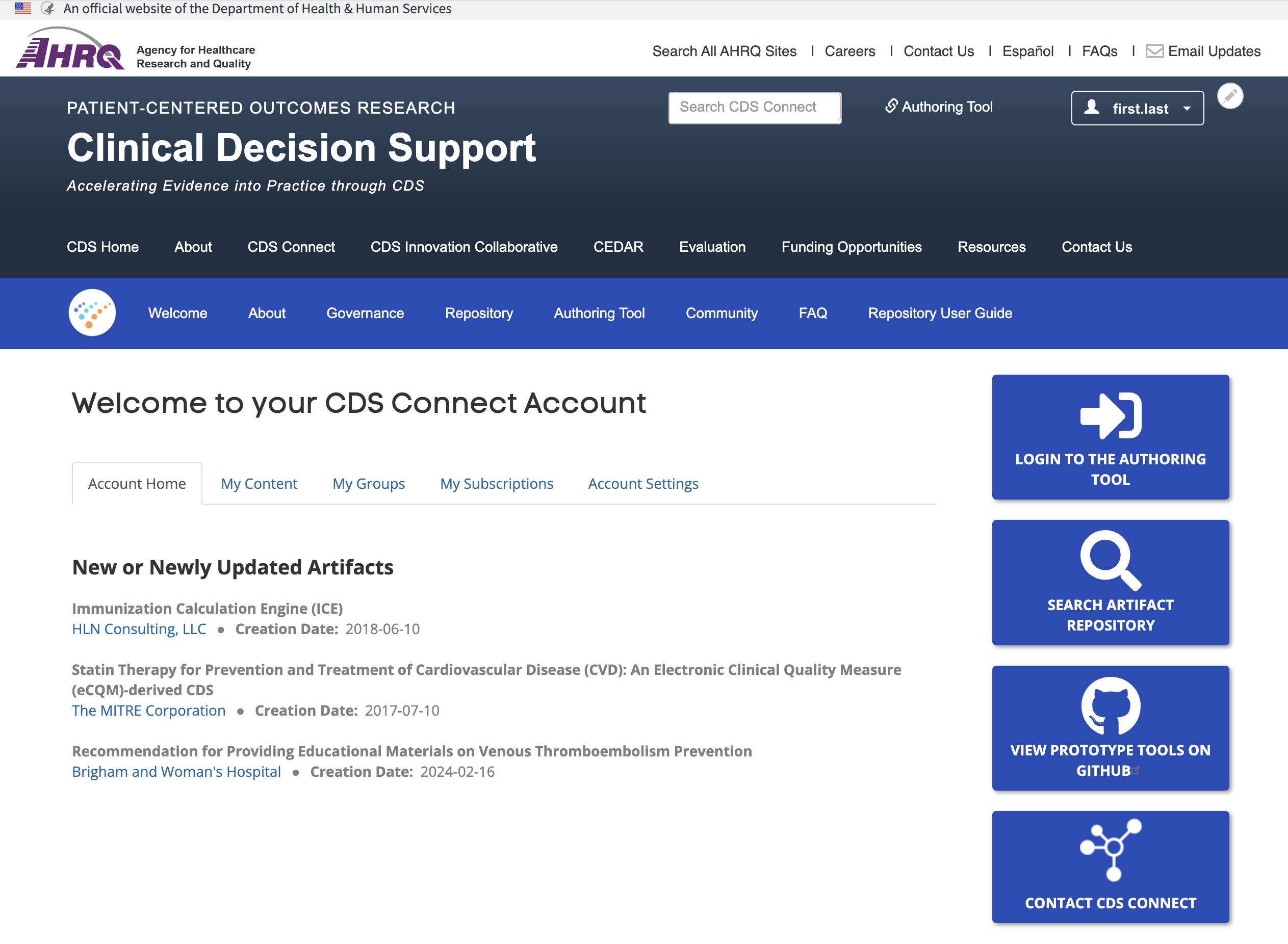 CDS Connect Account Landing Page